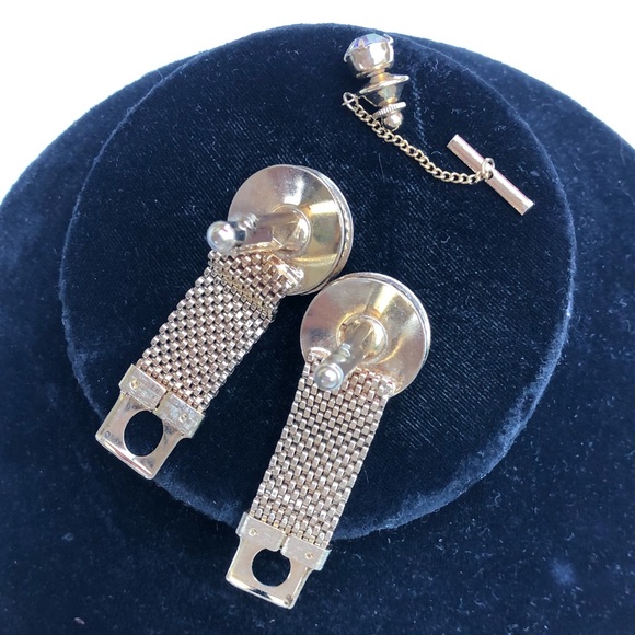 Vintage Gold Mesh Cufflinks Tie Tack Set Rivoli Rhinestones - Picture 10 of 12